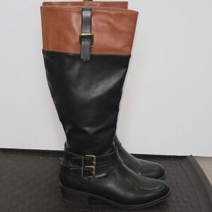 Solanz Grammercy Black Brown Two Tone Riding Boots Womens 8M Buckle Knee High